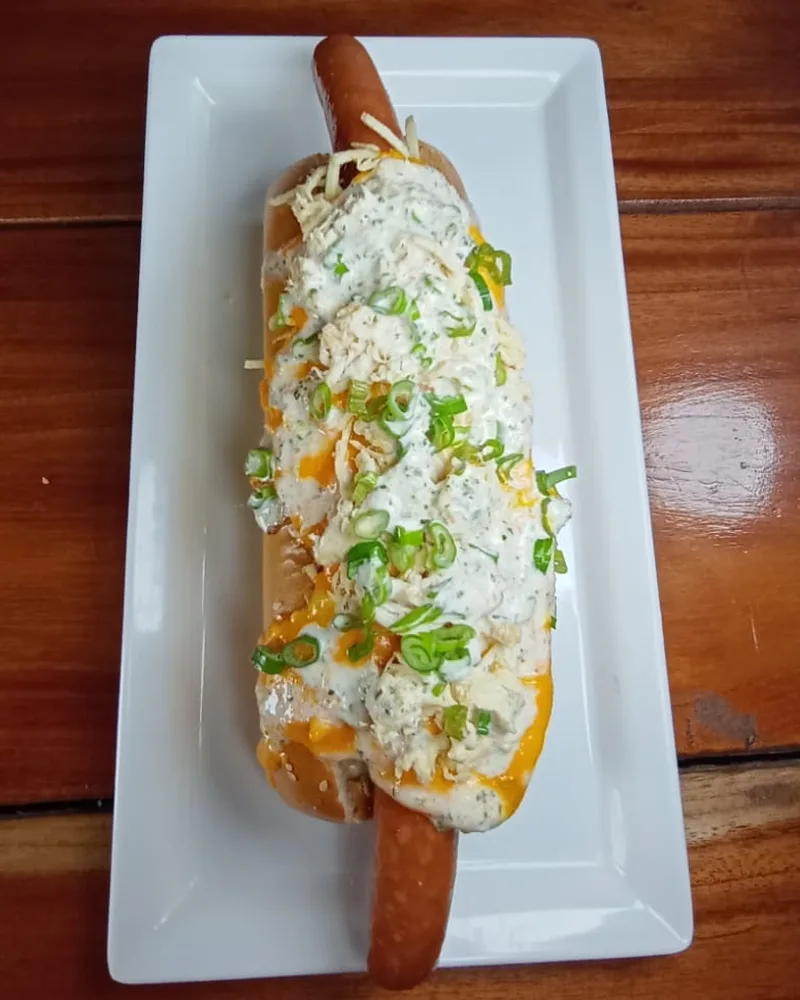 Perro caliente con pollo y salsa de la casa